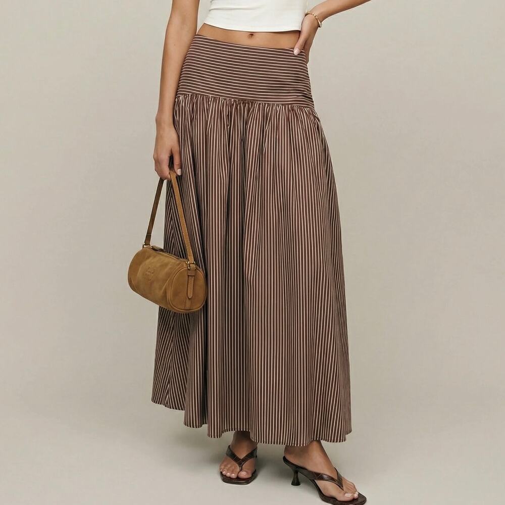 Few Moda Vashti Maxi Skirt Coffee Brown Stripe Drop Waist Boho Cottagecore 4 S
